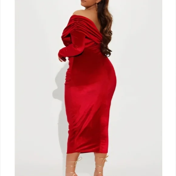 Fashion Nova Off-Shoulder Red Velvet Long Sleeve Dress - Picture 2 of 2